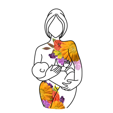 Nude woman breastfeeding a newborn baby line art decorated with watercolor flowers.の写真素材