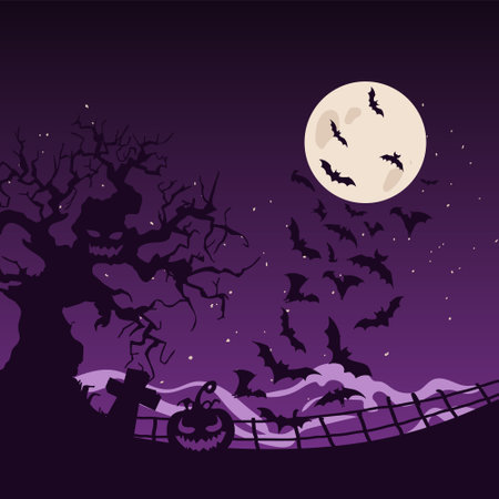 Halloween starry night on graveyard cartoon vector illustration.のイラスト素材