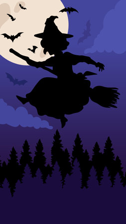 Flying witch silhouette in front of full moon vector illustration.のイラスト素材