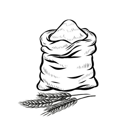 Wheat ears and flour bag line drawing isolated on white background.のイラスト素材