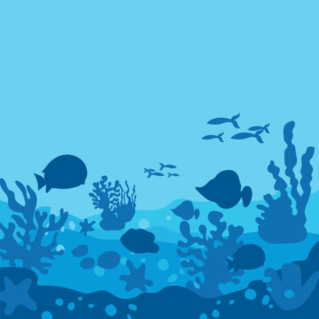 Underwater ocean life silhouette vector background.のイラスト素材