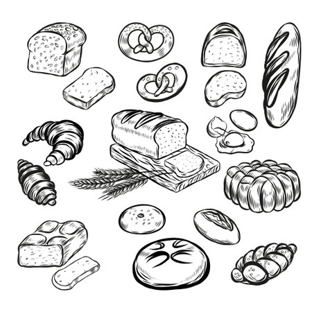 Baked pastries and breads line drawing isolated on white background.のイラスト素材