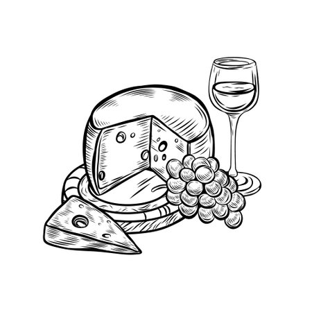 Cheese head and grapes on cutting board line drawing.のイラスト素材