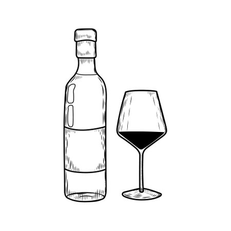 Wine bottle and glass line drawing isolated on white background.のイラスト素材