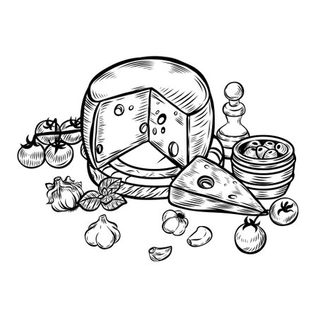 Cheese and tomatoes on cutting board still life engraved vector illustration.のイラスト素材