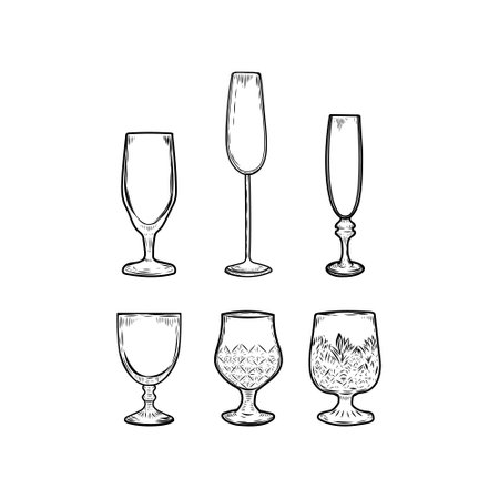 Glasses for alcohol line drawing isolated on white background.のイラスト素材