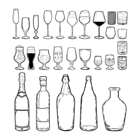 Alcohol glasses and bottles line drawing illustration set.のイラスト素材