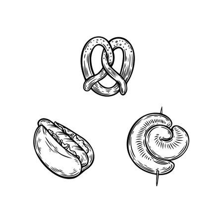 Pretzel and bratwurst engraved line drawing vector isolated on white backround.のイラスト素材