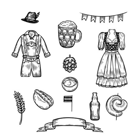 Oktoberfest food and people line drawing collection isolated on white background.のイラスト素材