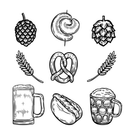 Beer and pretzel german street food engraved vector illustration set.のイラスト素材
