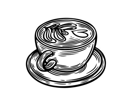 Latte art coffee cup on saucer line drawing vector illustration.のイラスト素材