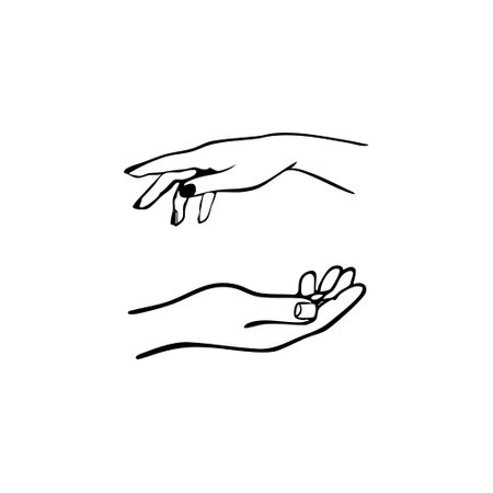 A simple black and white drawing showing two hands reaching towards each other, conveying connection, interaction, and unity in a minimalist art style.のイラスト素材