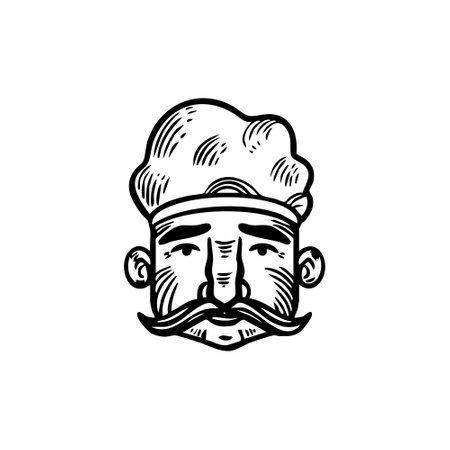 A vintage-style illustration depicting a chef with a prominent mustache and classic chef hat, rendered in black and white line art style. Ideal for culinary or restaurant-themed designs.のイラスト素材