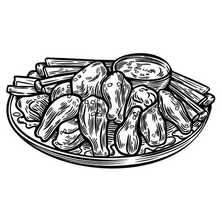 Traditional meal buffalo wings engraved line drawing illustration.のイラスト素材
