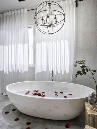 3d render interior of a modern bathroom with a large bathtub