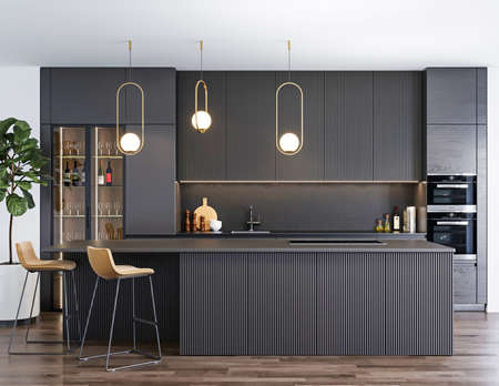 3d rendering modern luxury black kitchen interior minimalist style design