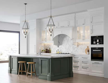 3d rendering classic white kitchen interior