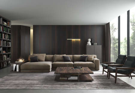 3d render living room with wooden wall and table decoration