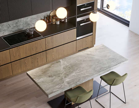 modern kitchen with wooden cabinet and dark color interior 3d render