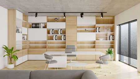3d rendering simple minimalist suit office wooden decoration interior design inspiration