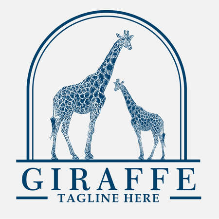 giraffe vintage logo design, illustration, animal, vector, graphic, nature, wild, art, safari, wildlife, isolated, symbol, icon, cartoon, character, drawing, africa, african, retro, style, signのイラスト素材