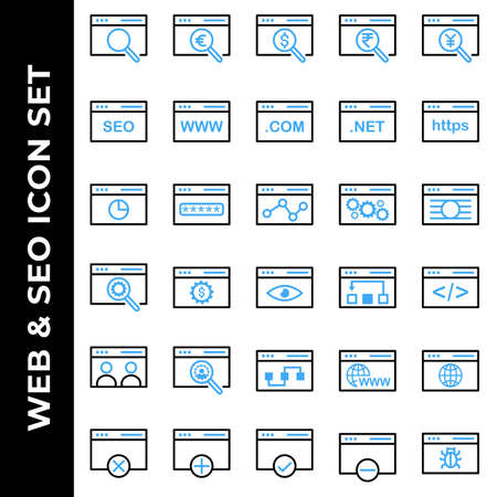 search engine optimization and web icon set include search, magnifier, web, euro, dollar, rupee, yen, finance, setting, accept, bug, virusのイラスト素材