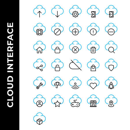cloud interface icon set include upload, user interface, computing, internet of thing, download, setting, gear, sign in, door, sign out, life buoy, help, block, add, plus, warning, signのイラスト素材