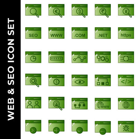 search engine optimization and web icon set include search, magnifier, web, euro, dollar, rupee, yen, finance, setting, accept, bug, virusのイラスト素材