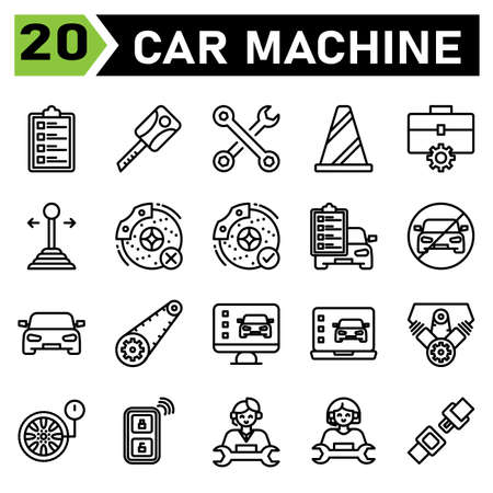 car machine icon set include car service, list, mechanic, repair, automobile, key, machine, motor, keys, lock, secure, toolkit, wrench, tools, service, cone, traffic, sign, workshop, gear, stick, carのイラスト素材