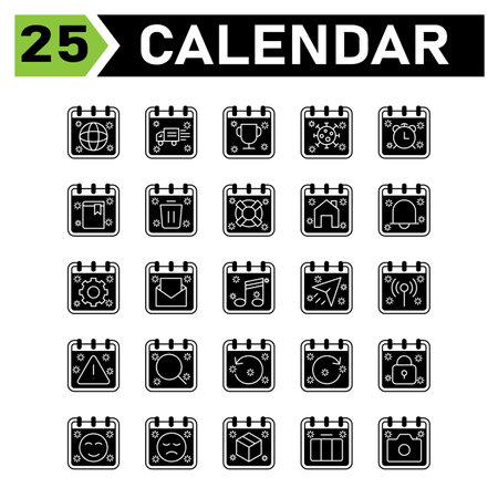 Calendar event icon set include global, world, calendar, date, event, van, appointment, trophy, corona, virus, alarm, clock, book, school, trash, delete, buoy, safety, house, home, bell, gear, settingのイラスト素材