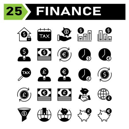 Finance icon set include building, investment, home, money, security, calendar, tax, date, day, finance, hand, saving, piggy, banking, chart, up, arrow, profit, down, business, man, currency, dollarのイラスト素材