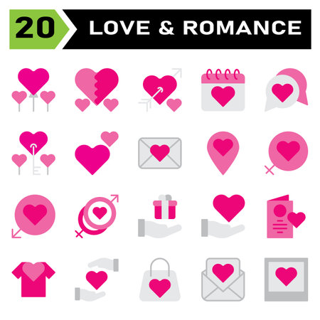 Love and romance icon set include balloon, love, romantic, heart, valentine, broken, romance, couple, wedding, calendar, date, chat, conversation, key, double, favorite, mail, message, envelopeのイラスト素材