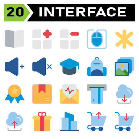 User interface icon set include book, guide, manual, read, instruction, menu, add, new, apps, category, remove, delete, mouse, computer, cursor, user interface, asterisk, multiple, star, favoriteのイラスト素材