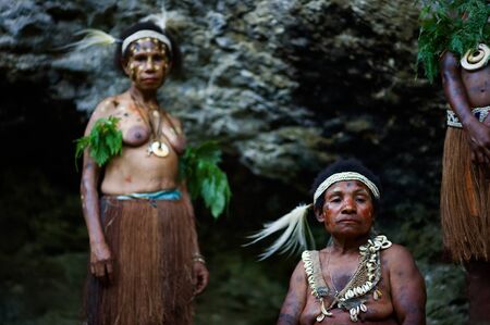 INDONESIA, NEW GUINEA, SECTOR SENGGI -  FEBRUARY 2: Women of a tribe of Yafi in traditional clothes, ornaments and a coloring. New Guinea Island, Indonesia. 2 february 2009のeditorial素材