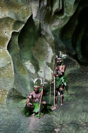 INDONESIA, NEW GUINEA, SECTOR SENGGI - 2 FEBRUARY 2009: The warriors of a Papuan tribe of Yafi in traditional clothes, ornaments and coloring. New Guinea Island, Indonesia. February 2, 2009. のeditorial素材