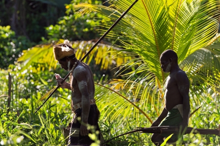 JOW VILLAGE, ASMAT DISTRICT, IRIAN JAYA PROVINCE, NEW GUINEA, INDONESIA - JUNE 28: Asmat warriors go on the jungle from a spears. June 28, 2012 in Jow Village, Asmat, Irian Jaya province, Indonesiaのeditorial素材
