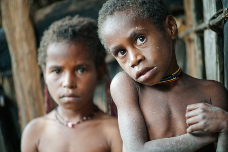 DUGUM DANI VILLAGE, BALIEM VALLEY, IRIAN JAYA, NEW GUINEA, INDONESIA - JUNE 20: Children of a new Guinean tribe Dugum Dany at the hovels.June 20, 2012, Baliem Valley, Irian Jaya, Indonesian New Guineaのeditorial素材