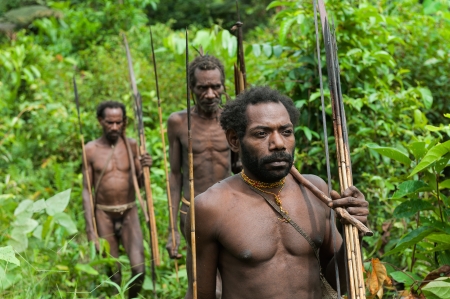 ONNI VILLAGE, NEW GUINEA, INDONESIA - JUNY 24  The group Portrait Korowai people on the natural green forest background On June 24, 2012 in Onni Village, New Guinea, Indonesia のeditorial素材