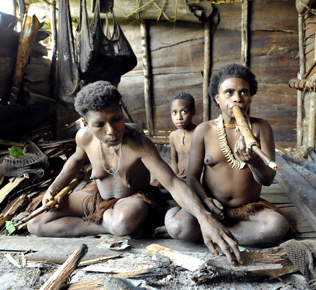 ONNI VILLAGE, NEW GUINEA, INDONESIA - JUNY 24: The Portrait of a Koroway woman smoking in the house on the tree. Korowai Kombai ( Kolufo).On June 24, 2012 in Onni Village, New Guinea, Indonesiaのeditorial素材