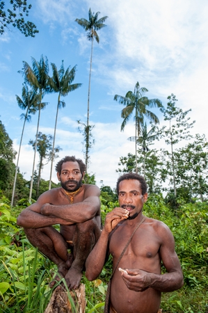 ONNI VILLAGE, NEW GUINEA, INDONESIA - JUNY 24: The double Portrait Korowai men on the natural green forest background.On June 24, 2012 in Onni Village, New Guinea, Indonesiaのeditorial素材
