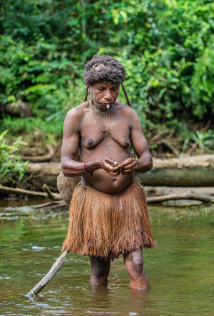 WILD JUNGLE, IRIAN JAYA, NEW GUINEA, INDONESIA - JUNE 10, 2016: Shrimp on the hand papuan woman. Fishing Papuan woman of Korowai tribe on the river in the jungle of New Guinea Island.June 10, 2016のeditorial素材