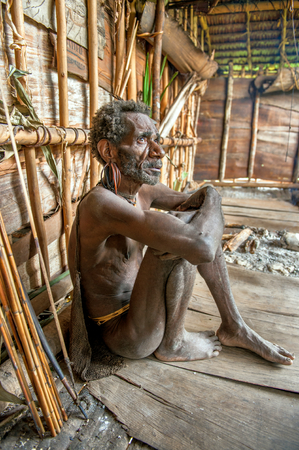WILD JUNGLE, IRIAN JAYA, NEW GUINEA, INDONESIA - JUNE 9, 2016:  Man of Papuan Korowai tribe in the house on a tree. Tribe of Korowai (Kombai, Kolufo). June 9, 2016, New Guineaのeditorial素材