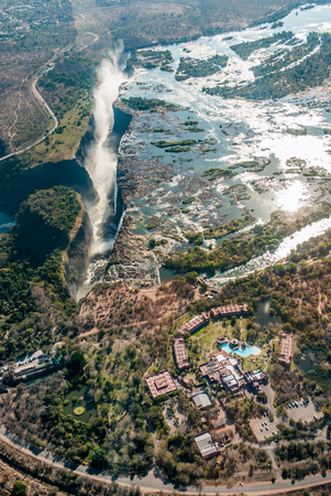 Victoria falls on helicopter. Aerial view of Victoria Falls on Zambezi River, border of Zambia and Zimbabwe. Africaの写真素材