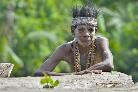 YOUW VILLAGE, ATSY DISTRICT, ASMAT, NEW GUINEA, INDONESIA - MAY 23: Portrait of an elderly papuan...