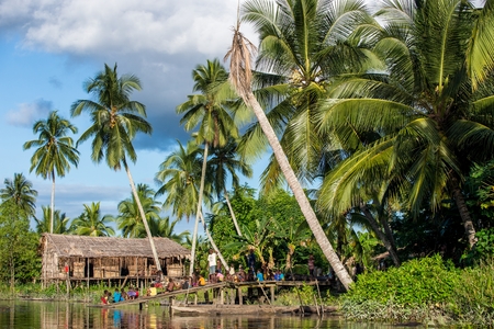 YOUW VILLAGE, ATSY DISTRICT, ASMAT, NEW GUINEA, INDONESIA - MAY 23: The Village of asmat tribe people on the river in Jjungle of New Guinea. Long men house of Asmat Village. Indonesia. May 23, 2016のeditorial素材