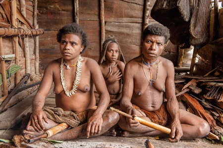 ONNI VILLAGE, NEW GUINEA, INDONESIA - JUNE 24: The Portrait of a Korowai woman smoking in the house on the tree. Korowai Kombai ( Kolufo) tribe.On June 24, 2012 in Onni Village, New Guinea, Indonesiaのeditorial素材