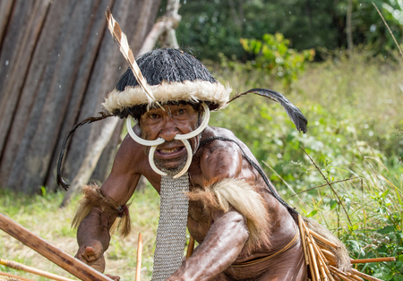 DANI VILLAGE, WAMENA, IRIAN JAYA, NEW GUINEA, INDONESIA - JUNE 4: The  armed Papuan attakking. Warrior of Dani Dugum tribe . June 4, 2016, New Guinea Island.のeditorial素材