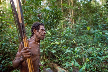 WILD JUNGLE OF NEW GUINEA ISLAND, INDONESIA - JUNE 24: Papuans from Korowai (Kolufo) tribe with bows and arrows in the wild jungles of New Guinea. June 24, 2016, New Guinea, Indonesiaのeditorial素材