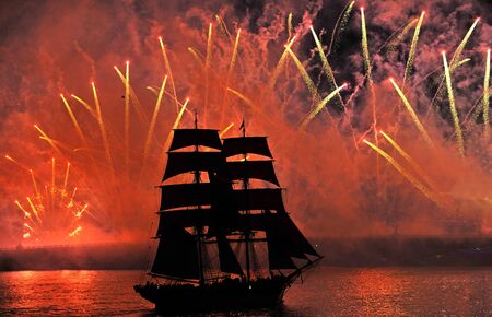 Scarlet sails is a celebration of school-leavers in St. Petersburg on Neva river. Russiaの写真素材