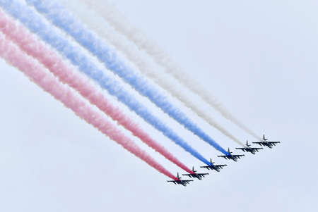 St.Petersburg, Russia - July 25, 2021: Six Russian military aircraft fly in the sky. Fighters in the...